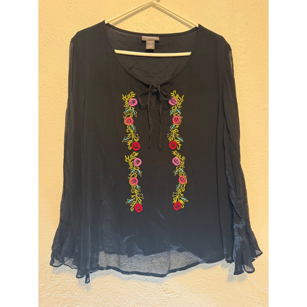 Notations Clothing Co Black Floral Embroidered Tie Neck Ruffle Cuff Blouse M
